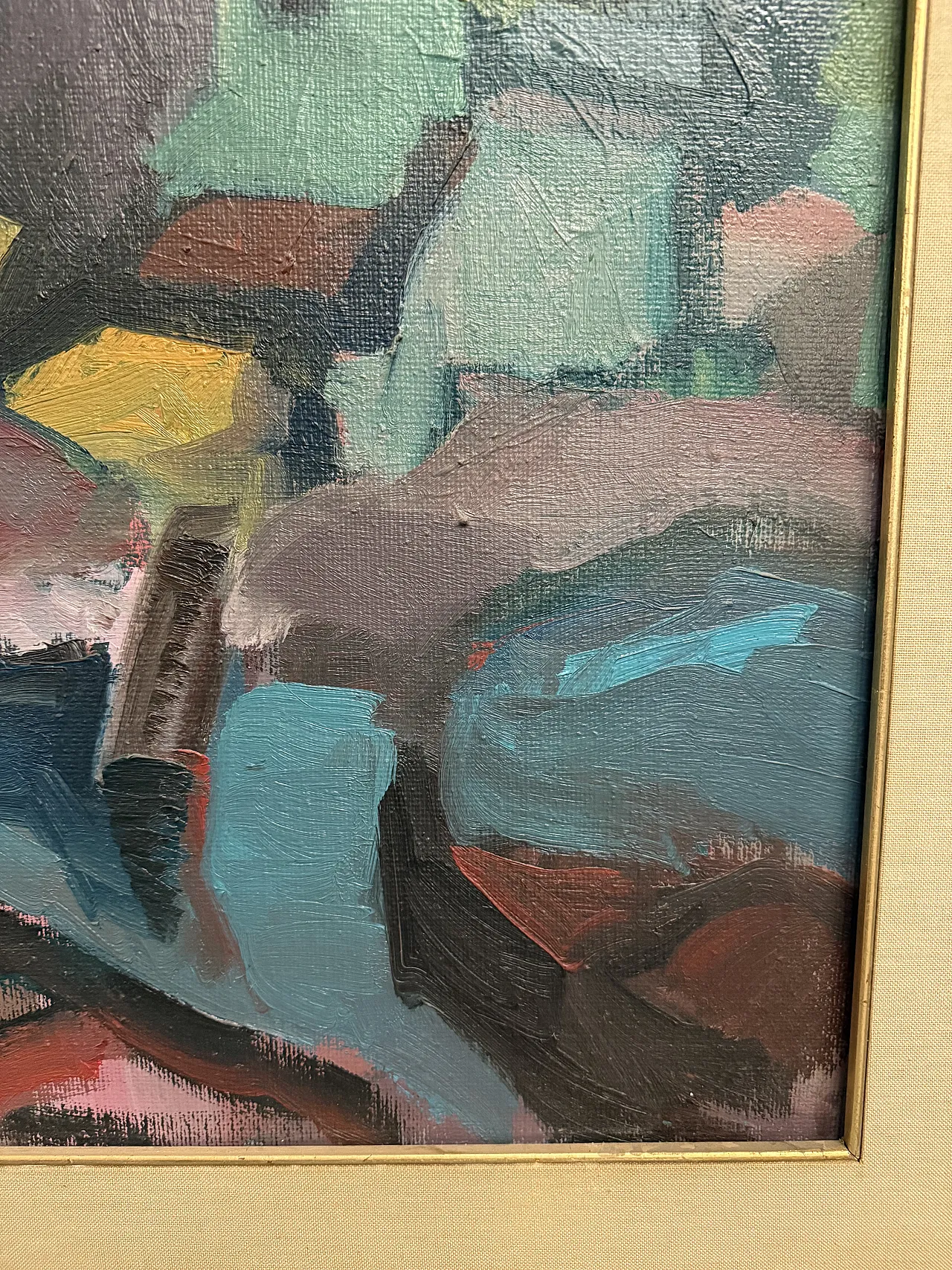 Dipinto materico paesaggio case moderno, anni '60 6