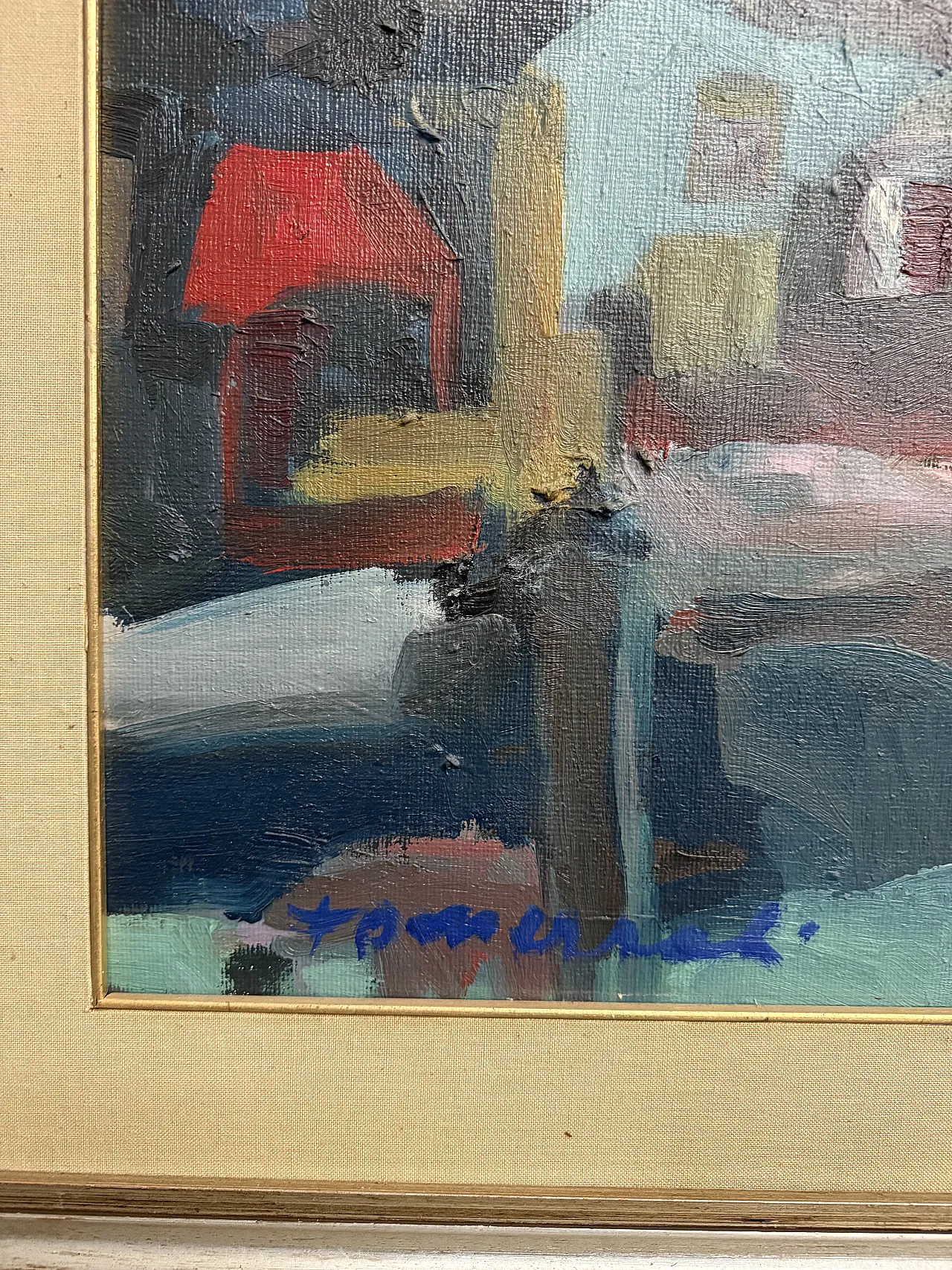 Dipinto materico paesaggio case moderno, anni '60 7