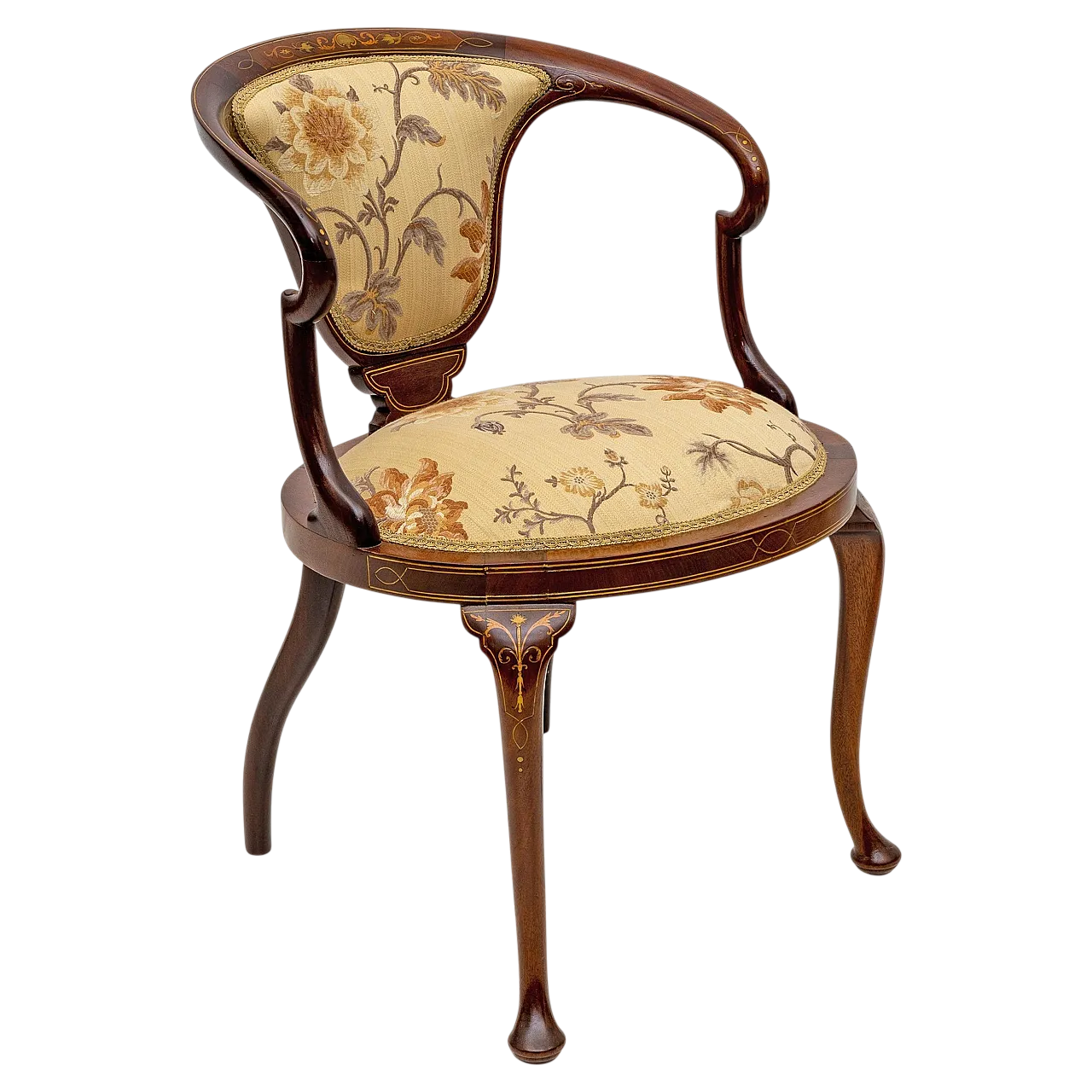 Sedia con schienale a vasca intarsiato in stile edoardiano, primo '900 9