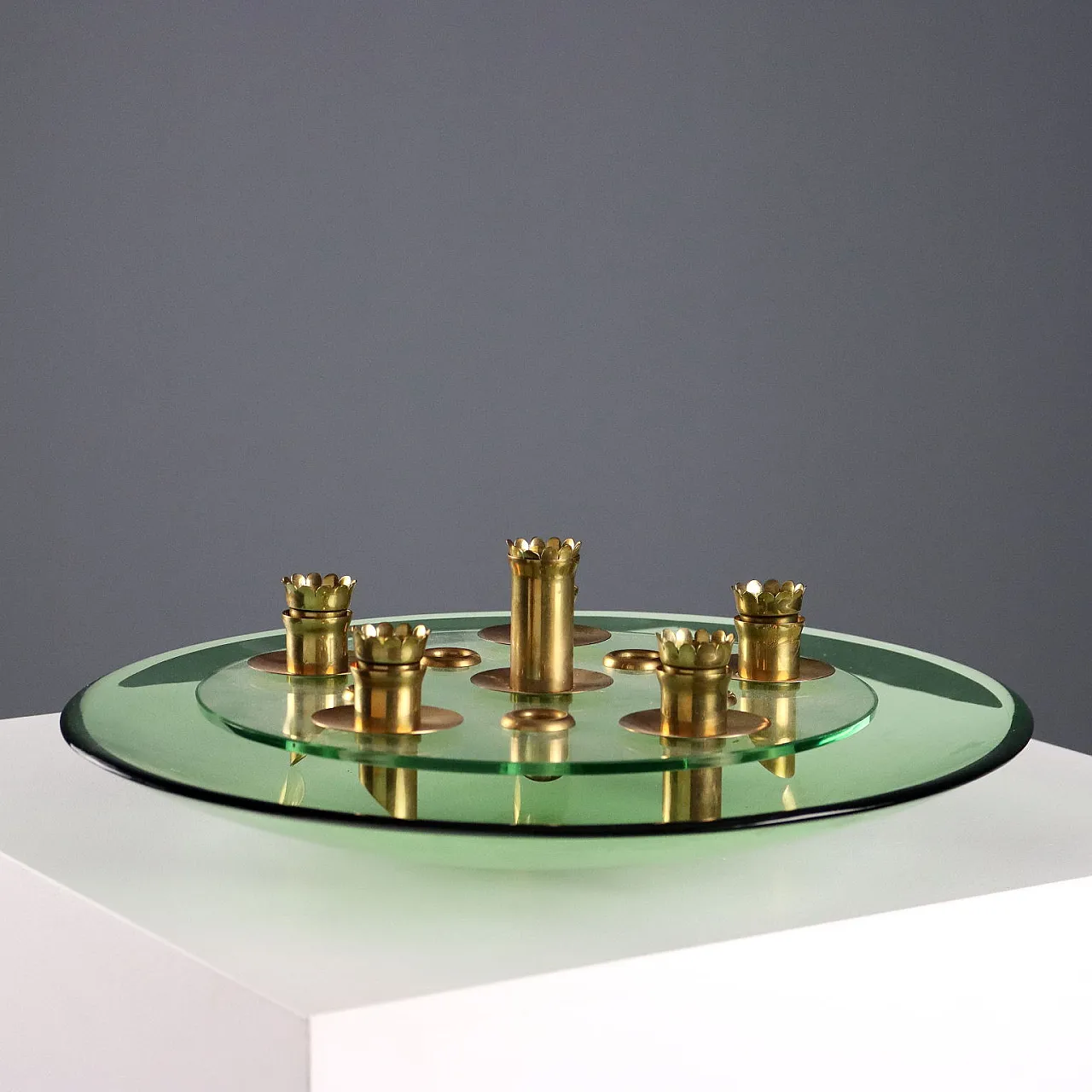 Centerpiece in aquamarine, transparent glass and brass, 20th century 1