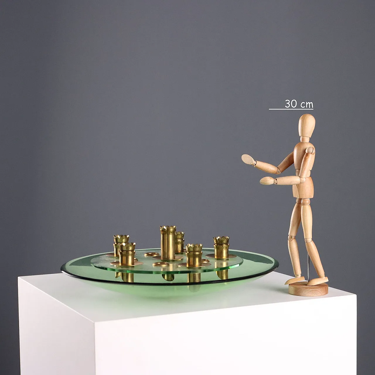 Centerpiece in aquamarine, transparent glass and brass, 20th century 2