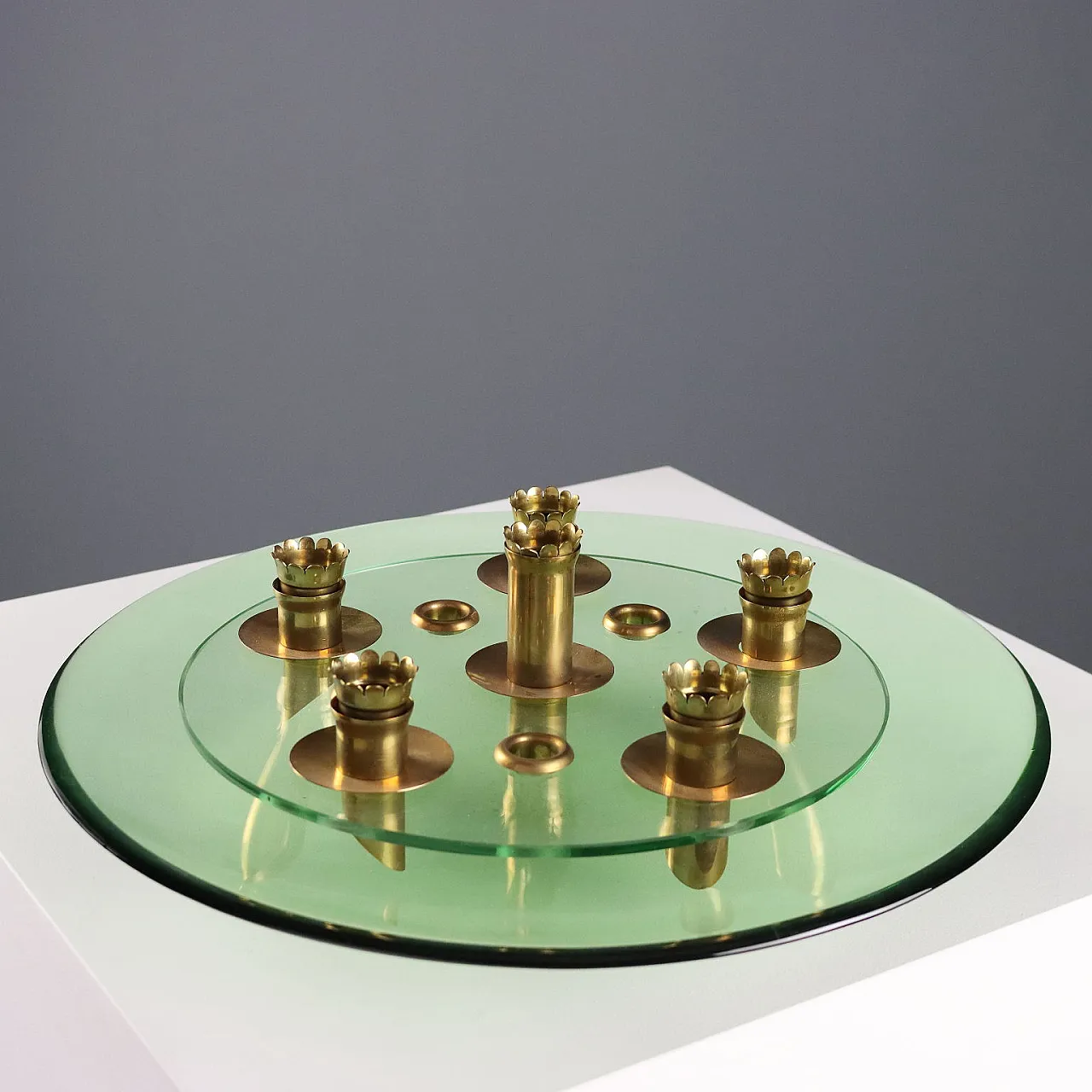 Centerpiece in aquamarine, transparent glass and brass, 20th century 3