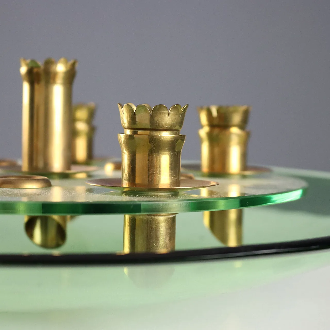 Centerpiece in aquamarine, transparent glass and brass, 20th century 5