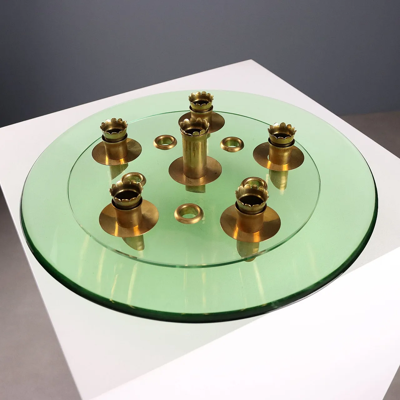 Centerpiece in aquamarine, transparent glass and brass, 20th century 7