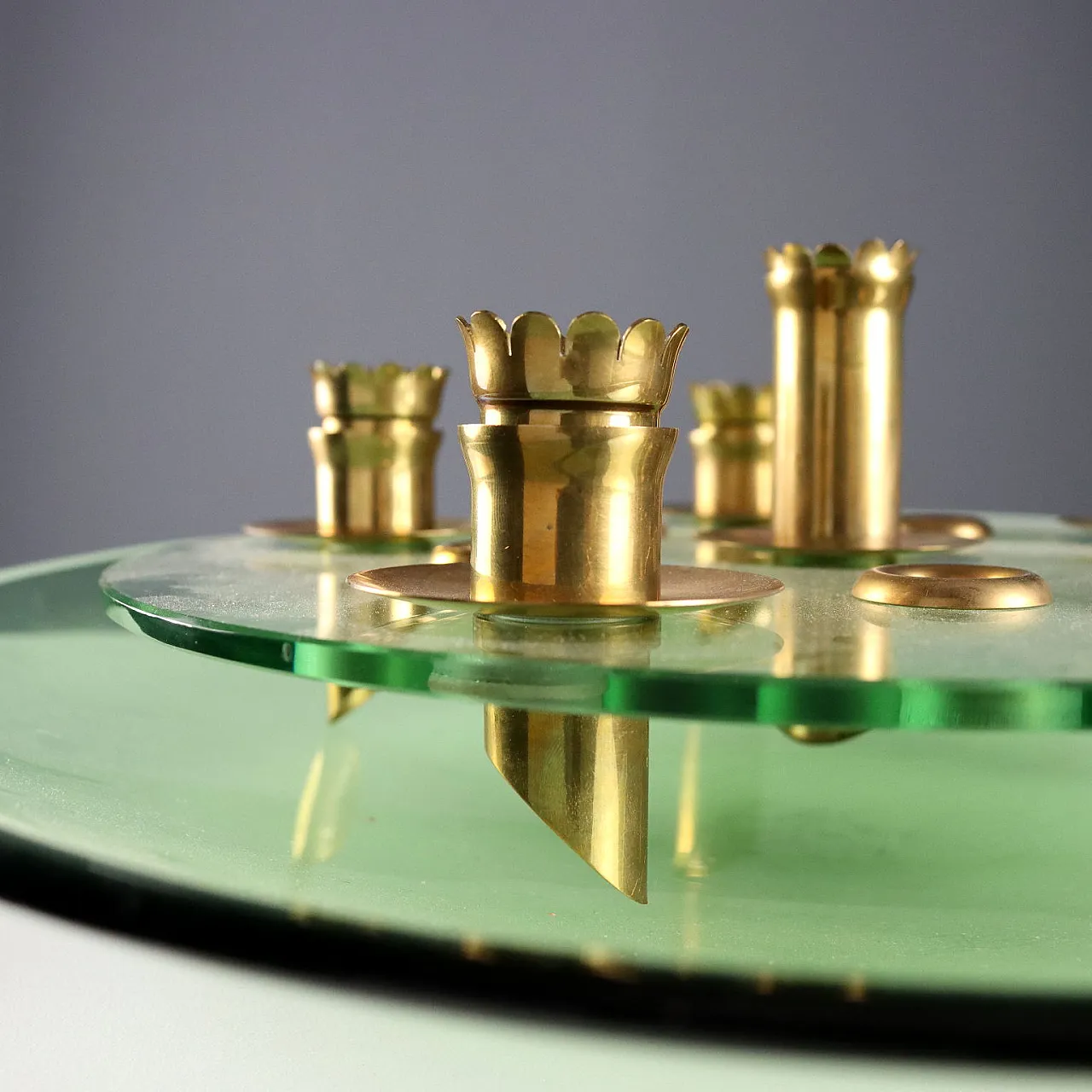 Centerpiece in aquamarine, transparent glass and brass, 20th century 9