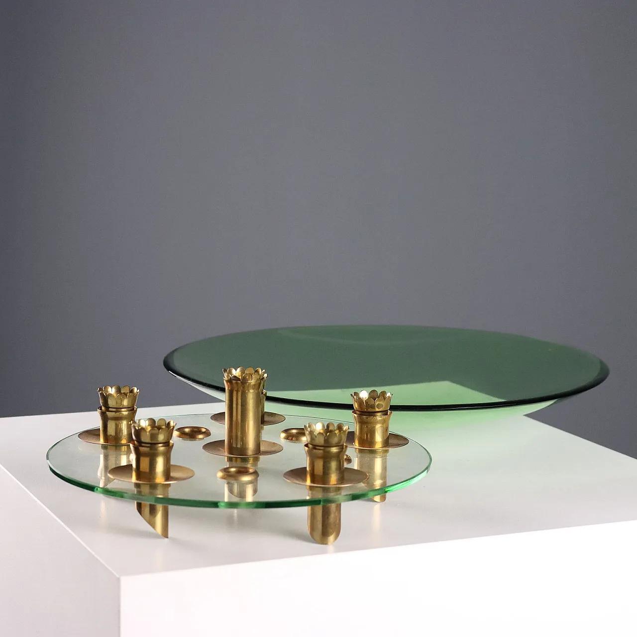 Centerpiece in aquamarine, transparent glass and brass, 20th century 10