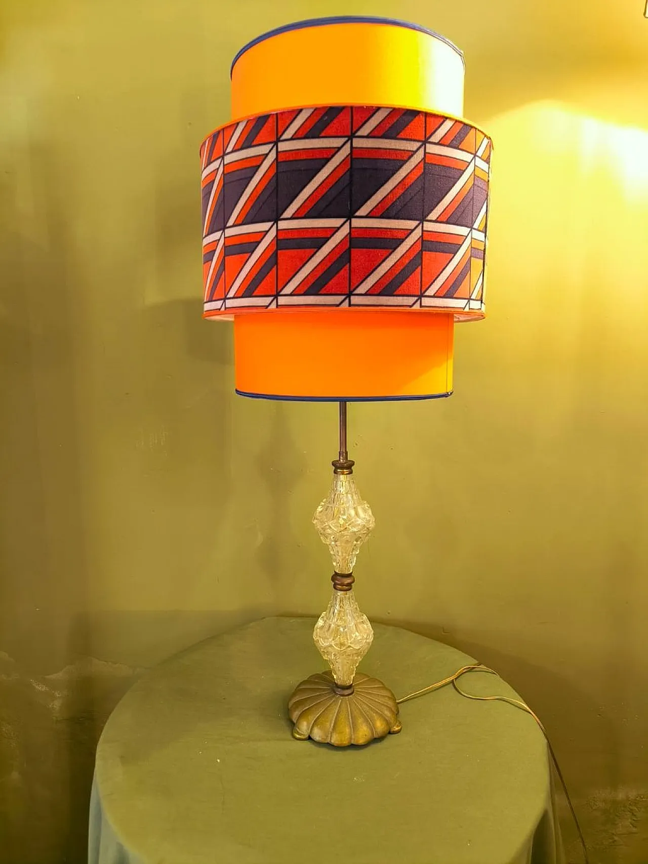 Brass lamp with crystals and lampshade, 1950s 1