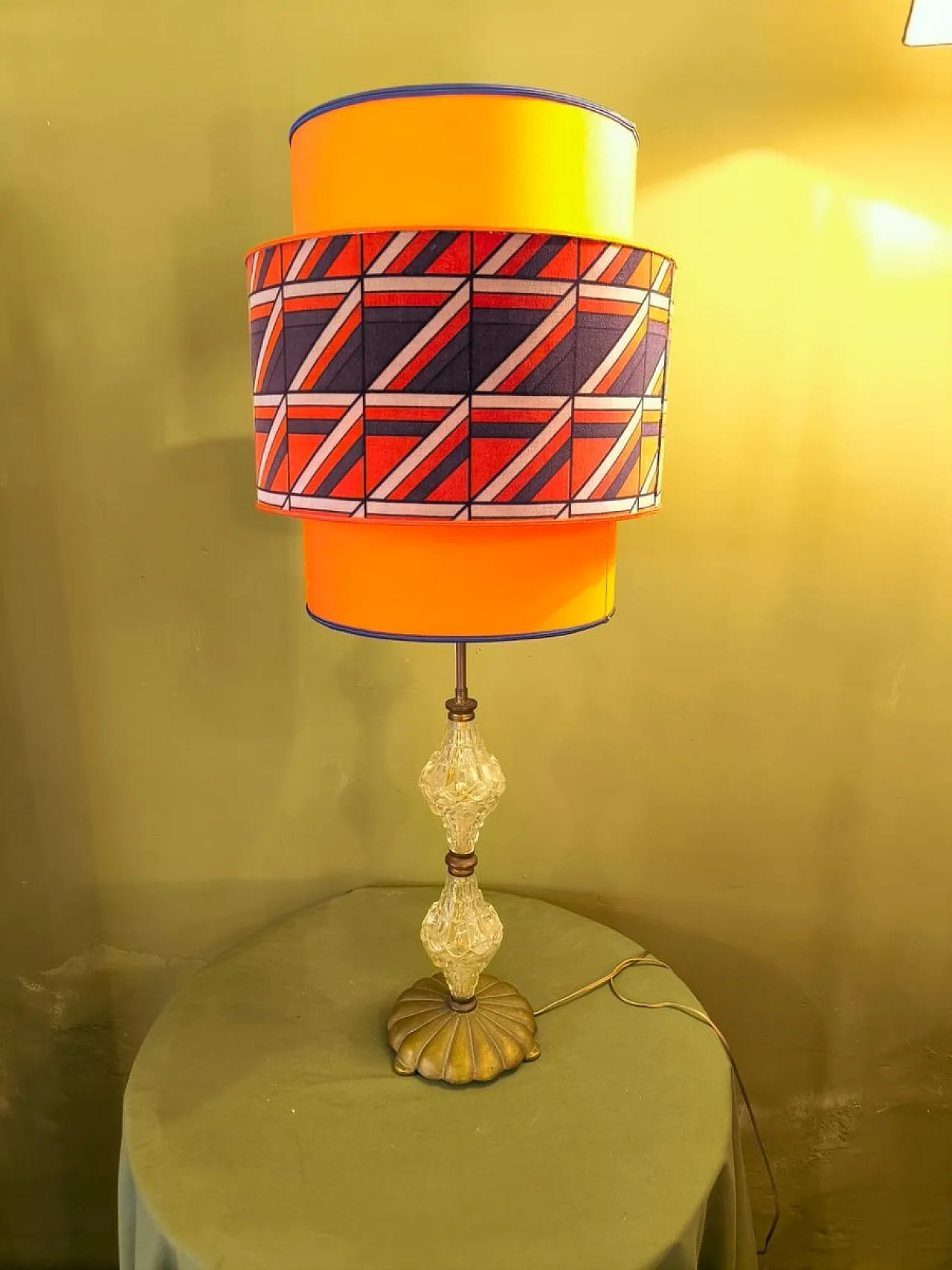 Brass lamp with crystals and lampshade, 1950s 3