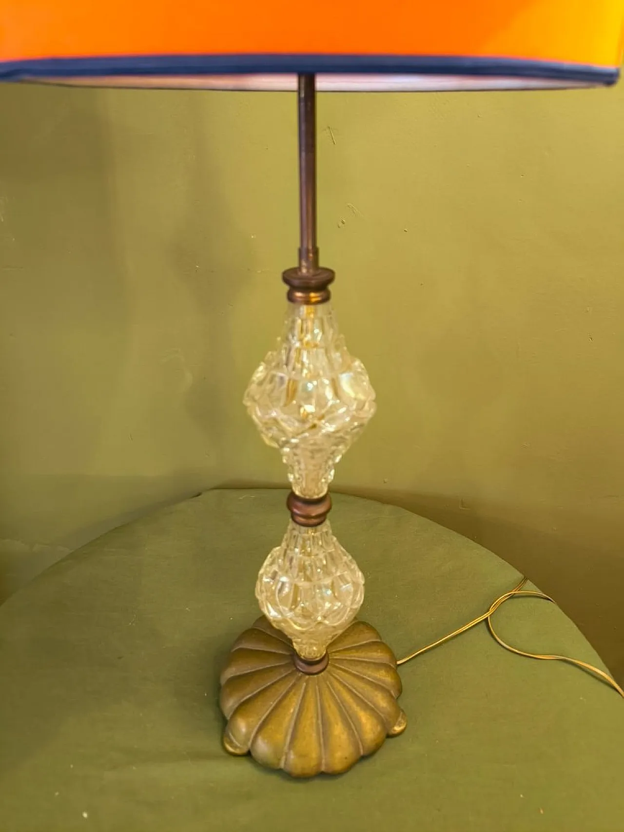 Brass lamp with crystals and lampshade, 1950s 4