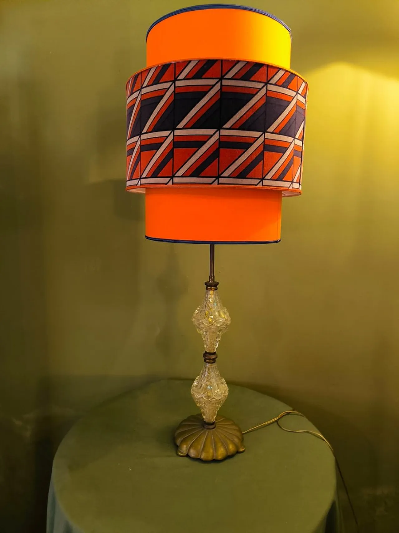 Brass lamp with crystals and lampshade, 1950s 5