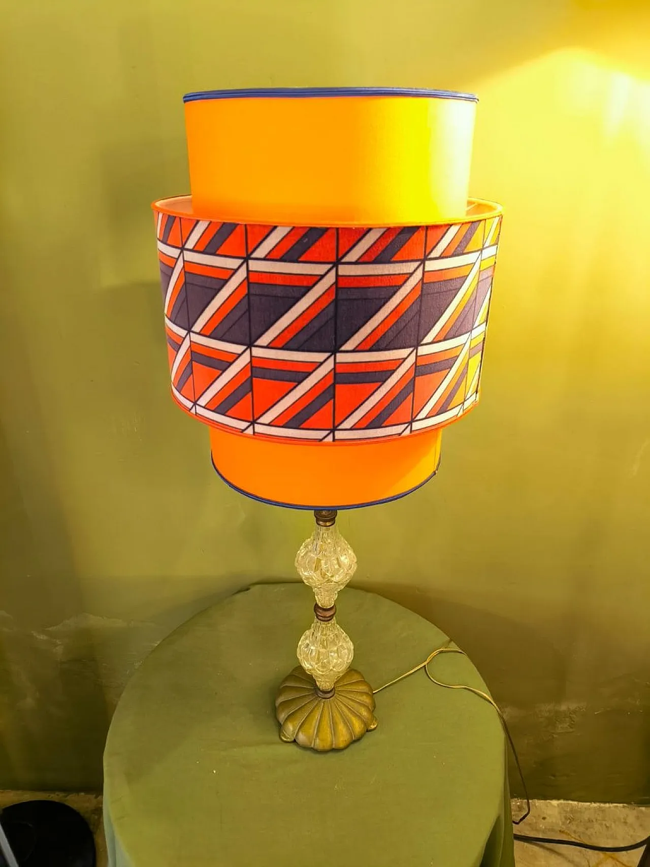 Brass lamp with crystals and lampshade, 1950s 6