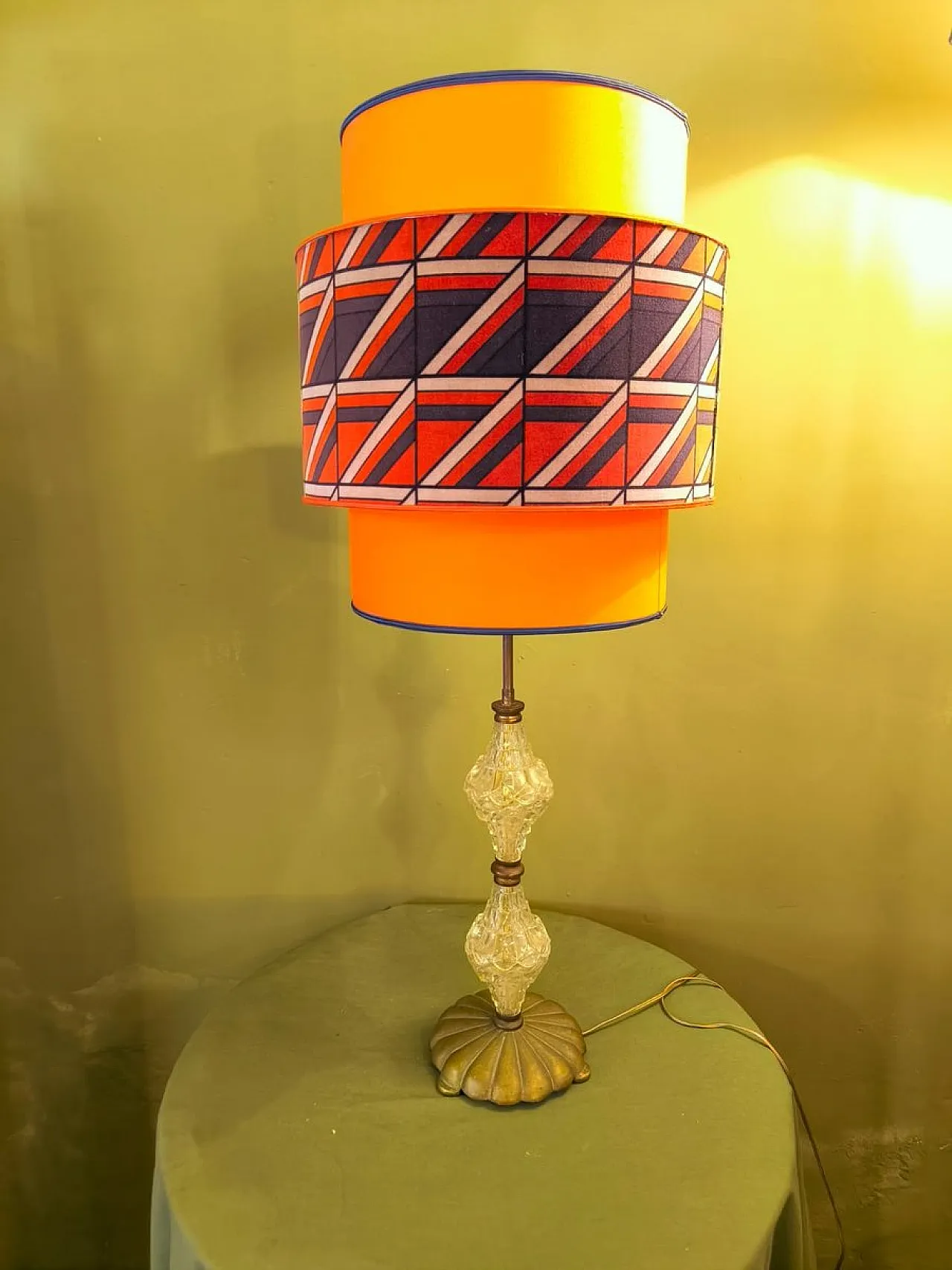 Brass lamp with crystals and lampshade, 1950s 7
