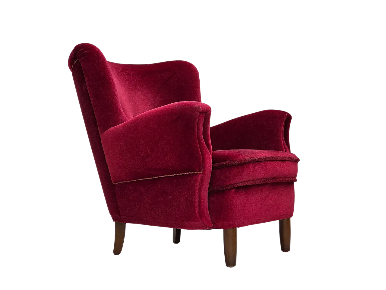 Danish armchair, cherry-red furniture velour, beech wood legs, 1960s 21