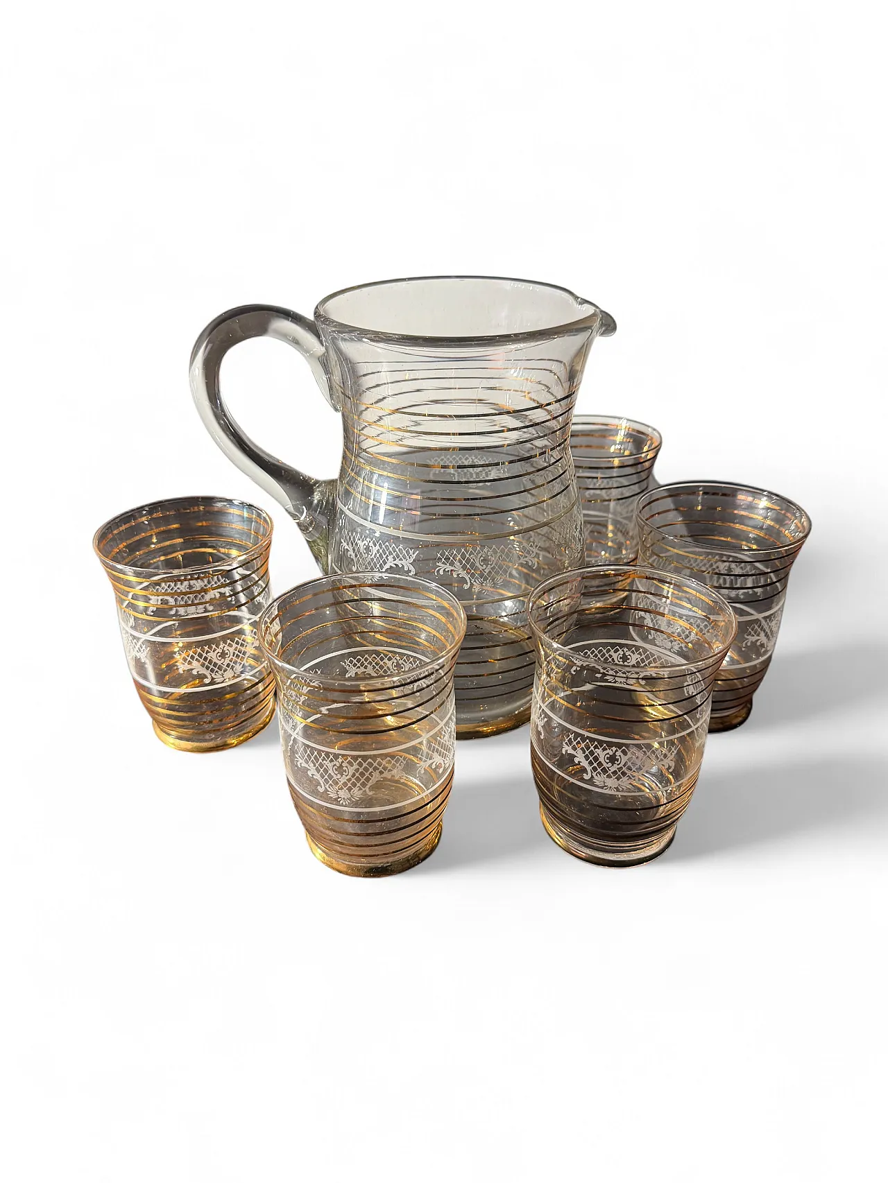 Brocca e 5 bicchieri filo oro zecchino, anni '70 1