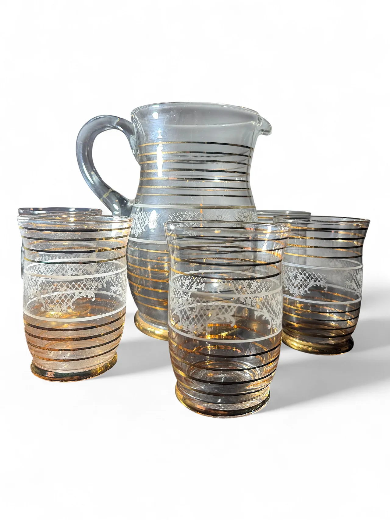 Brocca e 5 bicchieri filo oro zecchino, anni '70 4