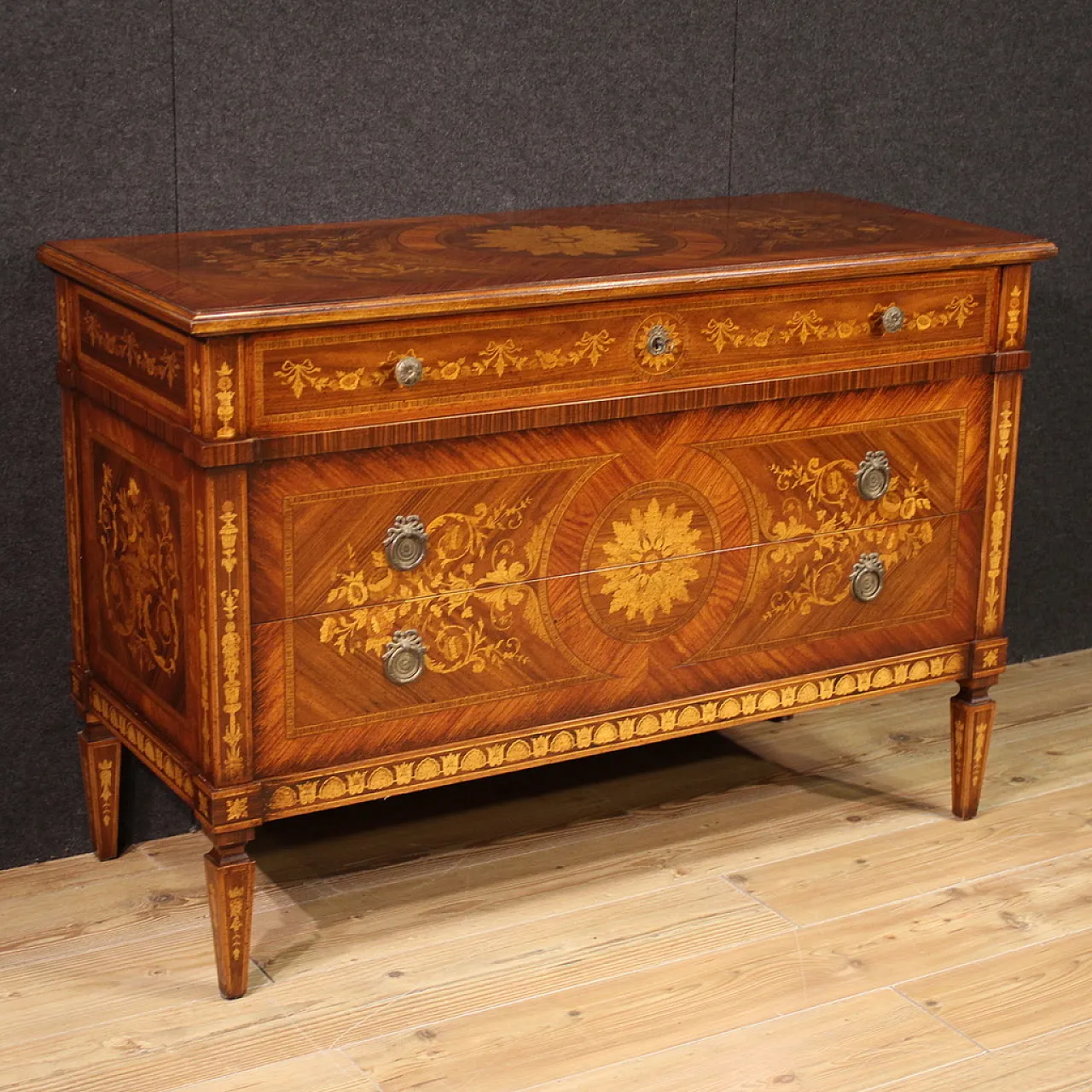 Italian inlaid chest of drawers in Louis XVI style, 20th century 1