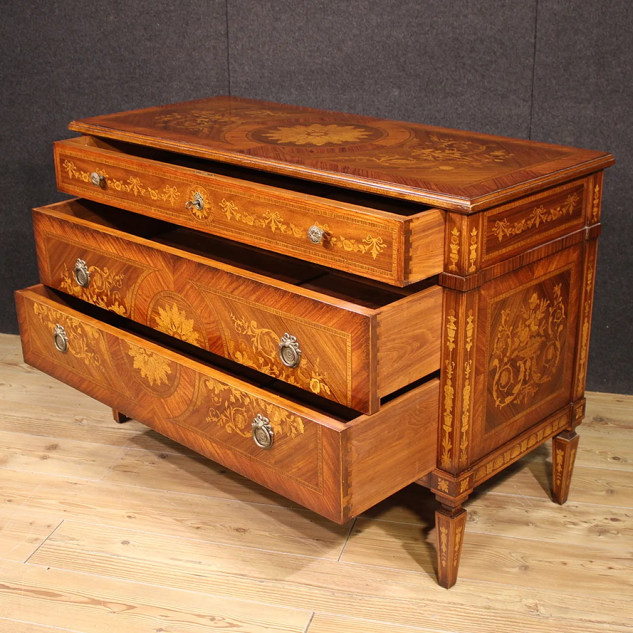 Italian inlaid chest of drawers in Louis XVI style, 20th century 10