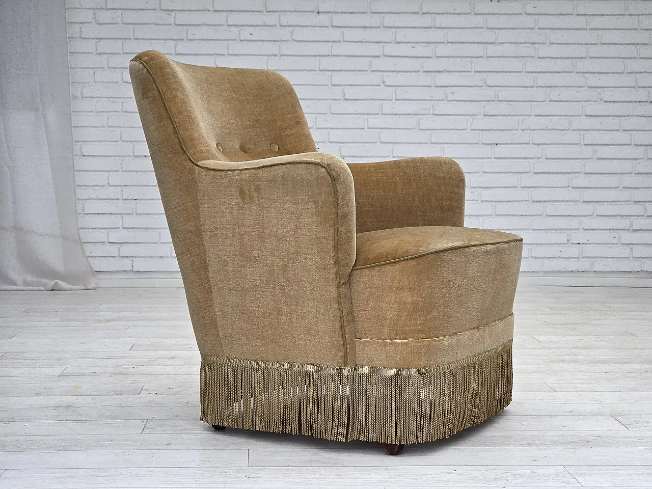 Danish armchair, light green velour, 1970s 1