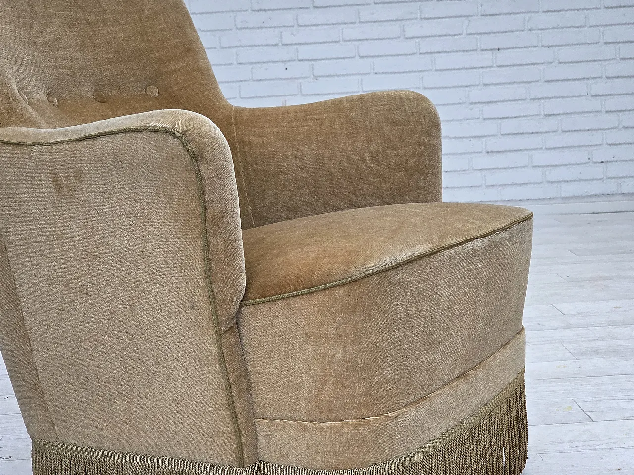 Danish armchair, light green velour, 1970s 3