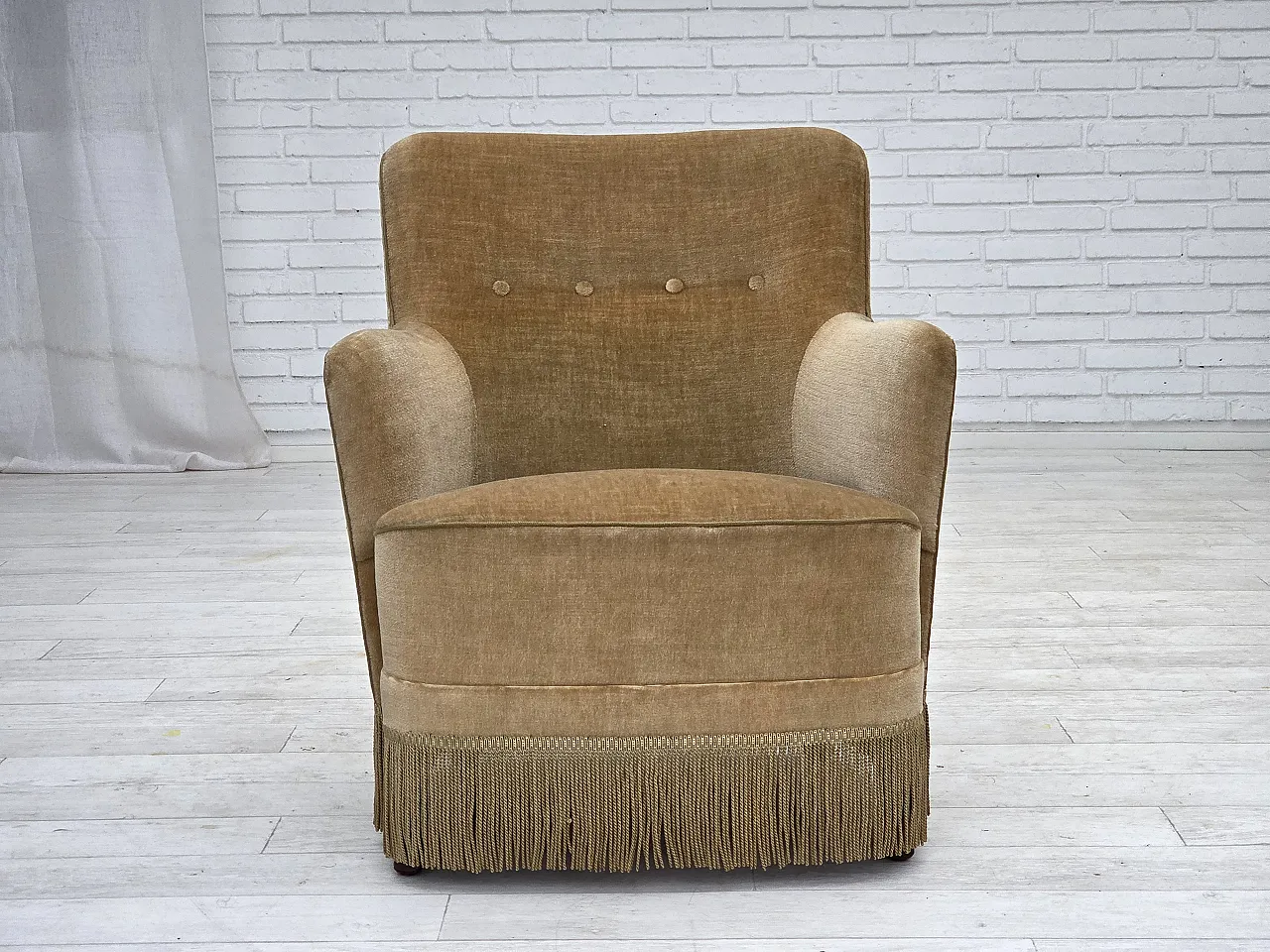 Danish armchair, light green velour, 1970s 6