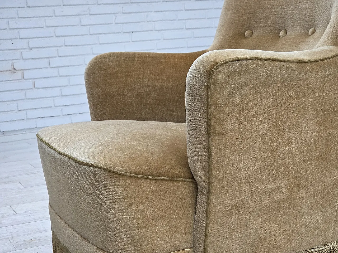 Danish armchair, light green velour, 1970s 15