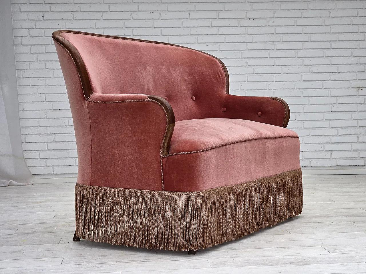 Danish 2-seater sofa, salmon pink velour, ash wood, 1930s 2
