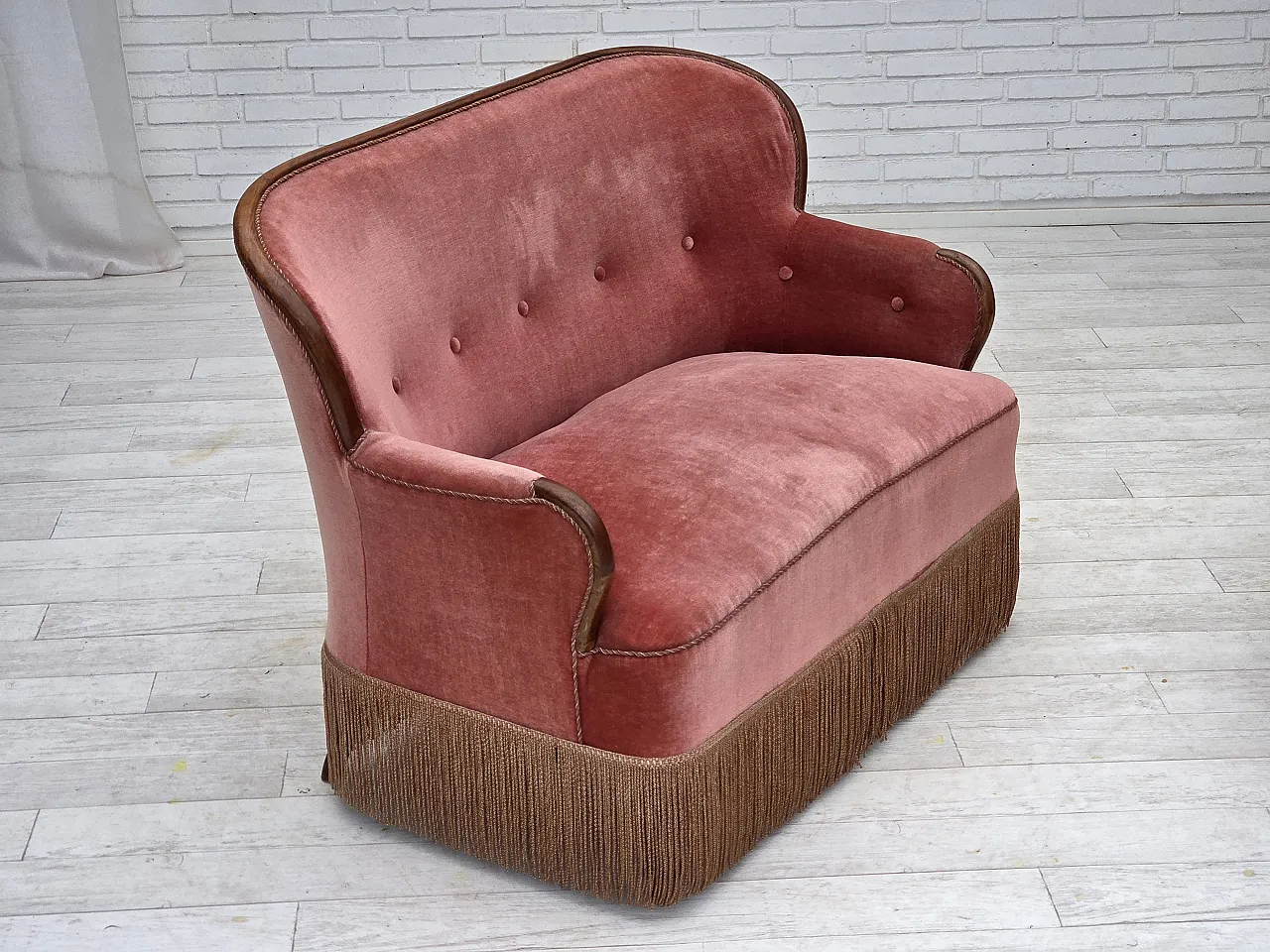 Danish 2-seater sofa, salmon pink velour, ash wood, 1930s 3