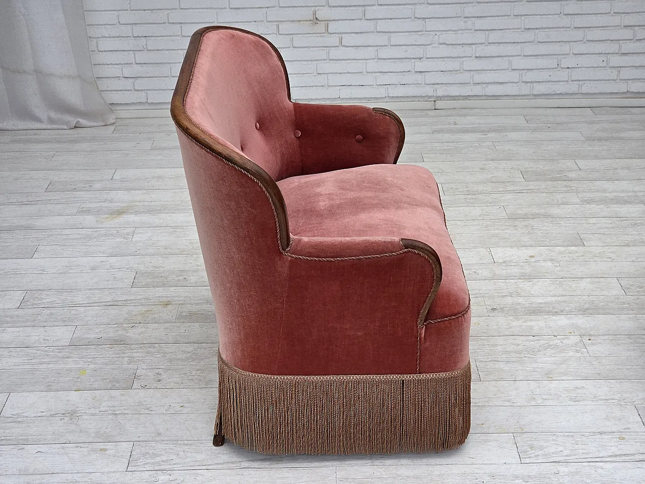 Danish 2-seater sofa, salmon pink velour, ash wood, 1930s 9