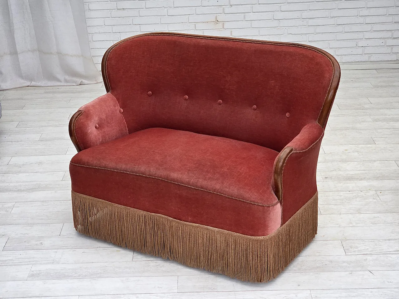Danish 2-seater sofa, salmon pink velour, ash wood, 1930s 14