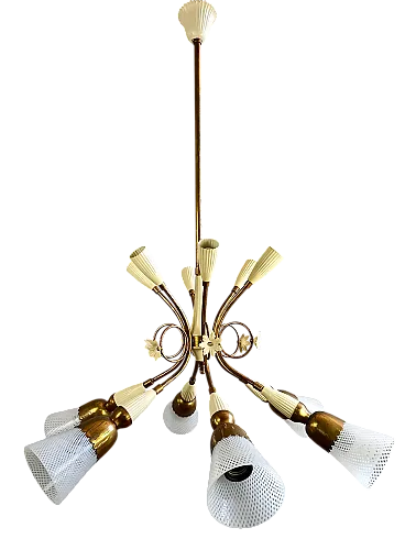 Lampadario dodici luci in ottone e vetro di Murano Reticello, anni '50