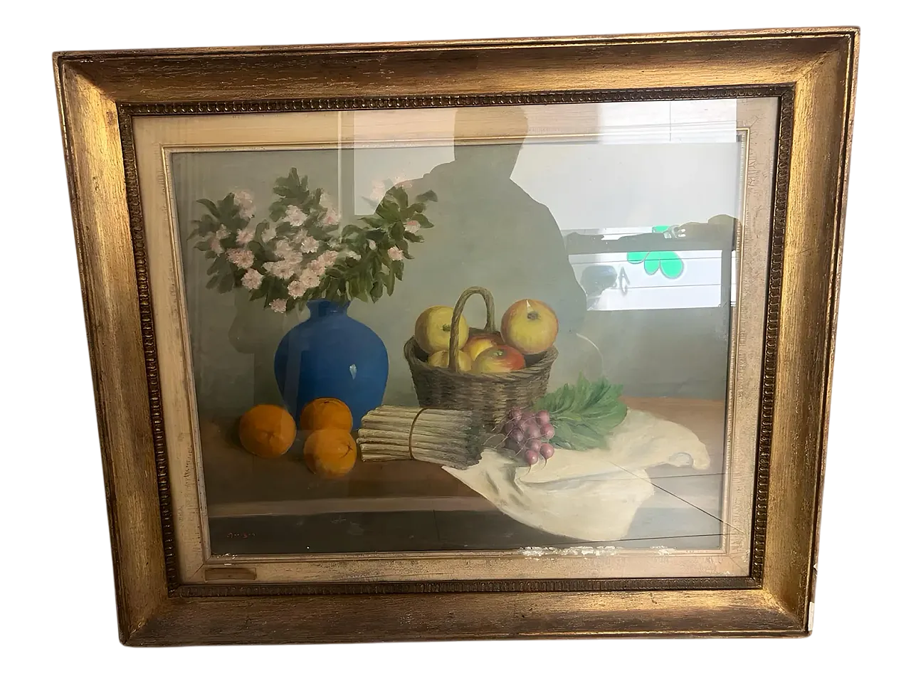 Dipinto a olio, natura morta con asparago, 1940s 13