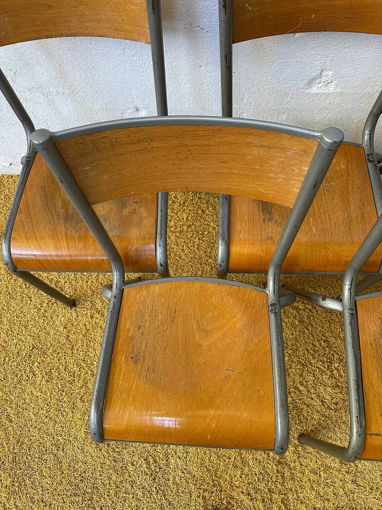 7 Industrial style gray metal school chairs, 20th century 6