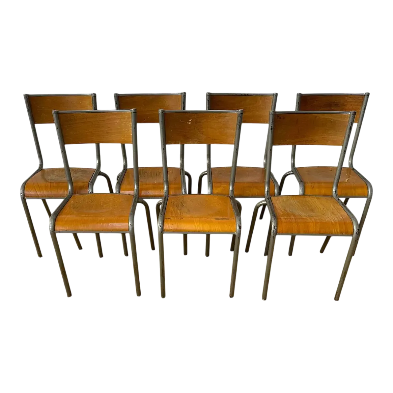 7 Industrial style gray metal school chairs, 20th century 7