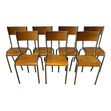 7 Industrial style gray metal school chairs, 20th century