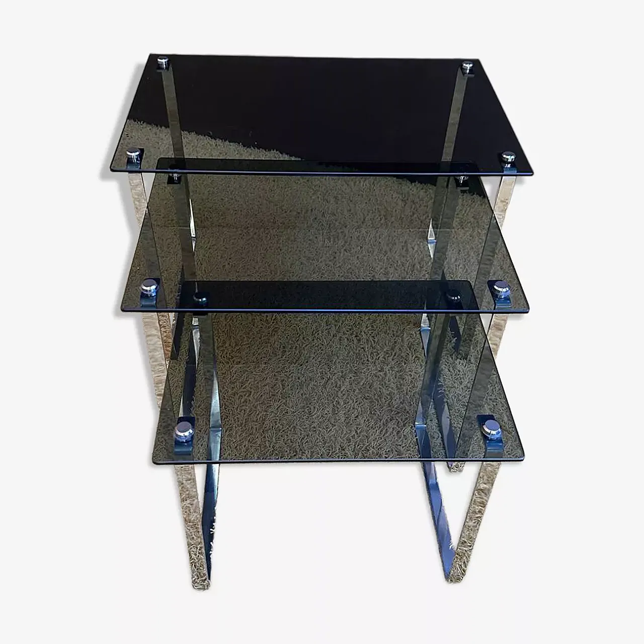 3 stackable coffee tables in metal and smoked glass, 20th century 1