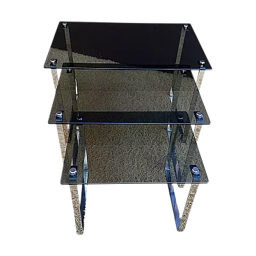 3 stackable coffee tables in metal and smoked glass, 20th century