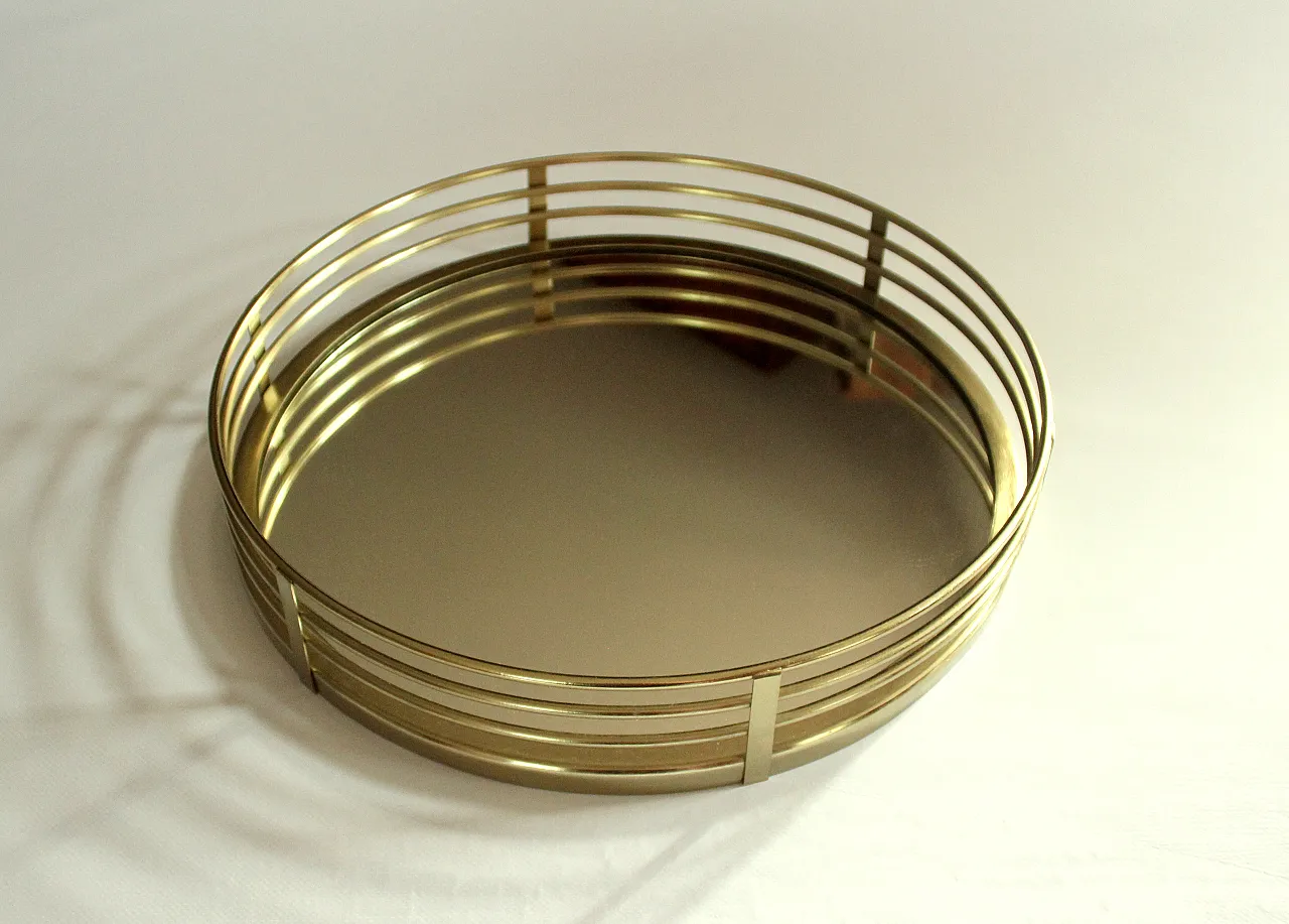 Vassoio a specchio rotondo in ottone, vetro e metallo, anni '70 1