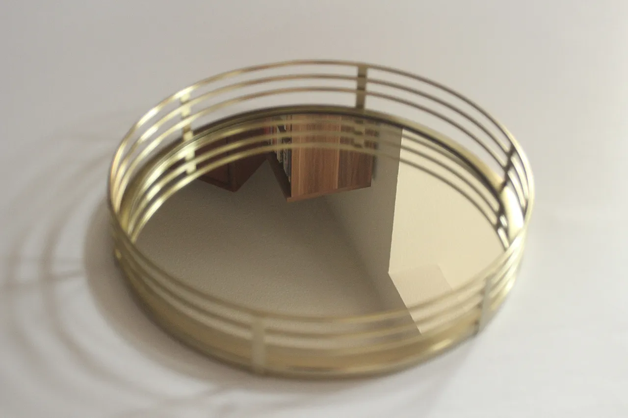 Vassoio a specchio rotondo in ottone, vetro e metallo, anni '70 3