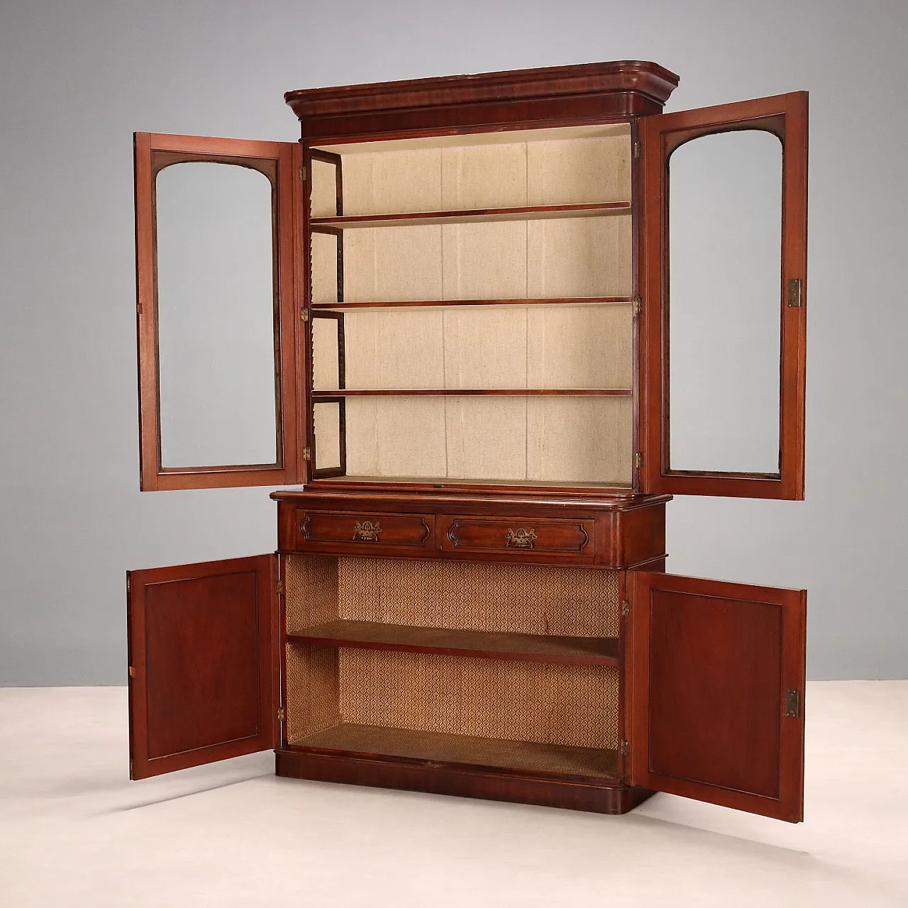 Libreria in mogano con cassetti e mensole, fine '800 3