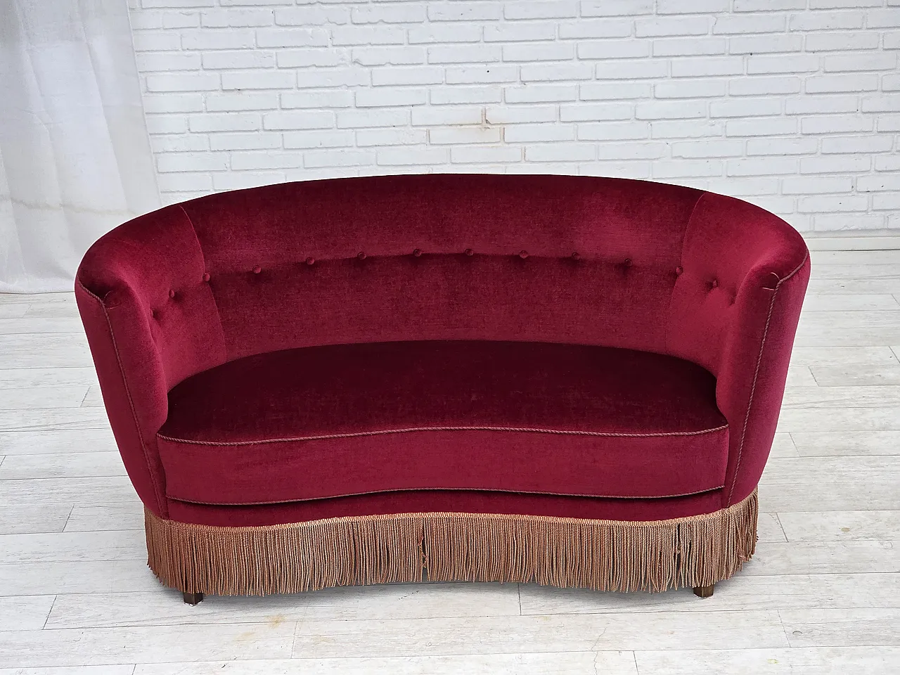 Danish 2-seater curved sofa, red velour, beech wood, 1970s 1