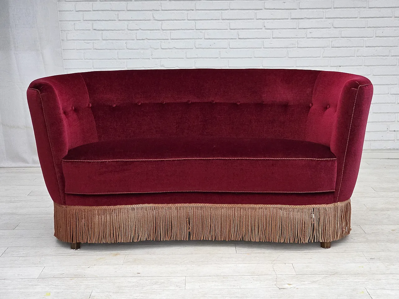 Danish 2-seater curved sofa, red velour, beech wood, 1970s 2