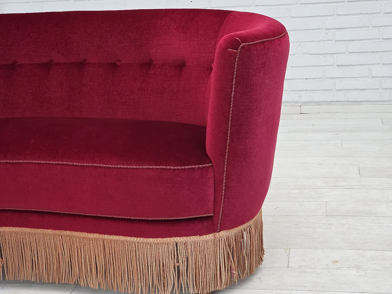 Danish 2-seater curved sofa, red velour, beech wood, 1970s 3