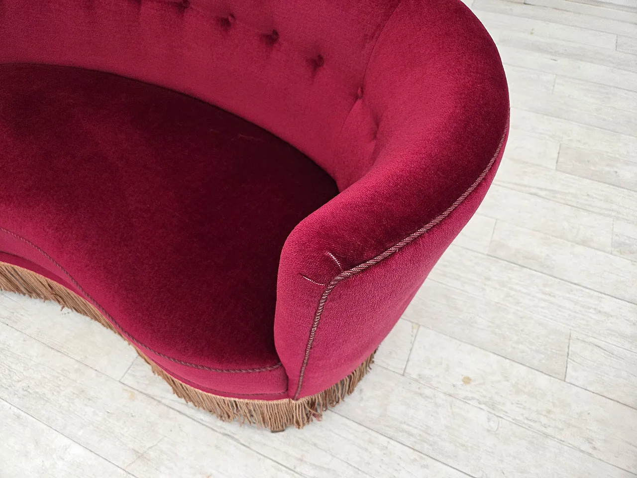 Danish 2-seater curved sofa, red velour, beech wood, 1970s 4