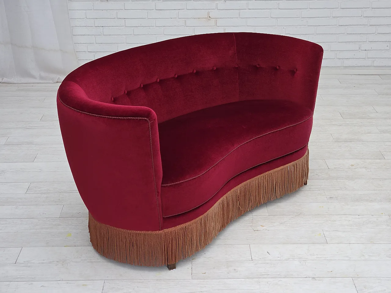 Danish 2-seater curved sofa, red velour, beech wood, 1970s 5