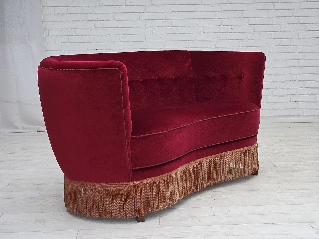 Danish 2-seater curved sofa, red velour, beech wood, 1970s 6