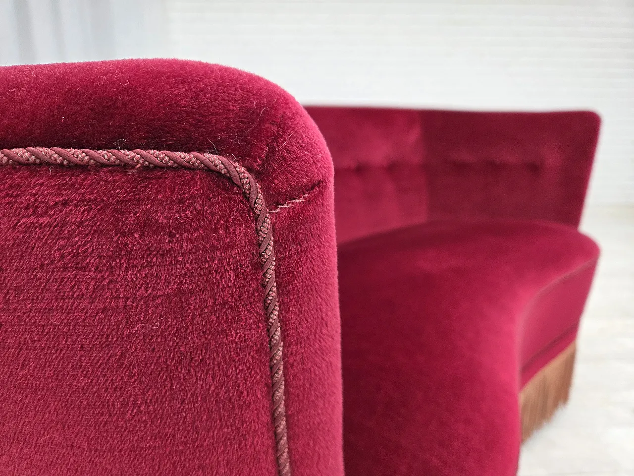 Danish 2-seater curved sofa, red velour, beech wood, 1970s 7