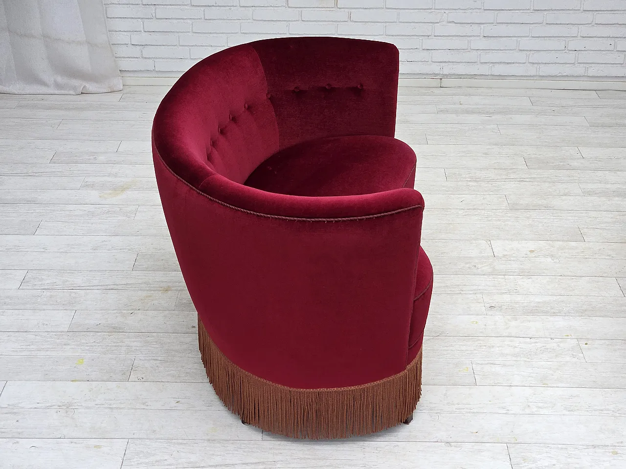 Danish 2-seater curved sofa, red velour, beech wood, 1970s 8