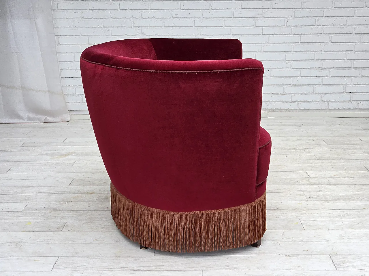 Danish 2-seater curved sofa, red velour, beech wood, 1970s 9