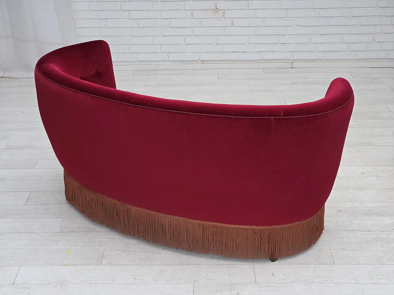 Danish 2-seater curved sofa, red velour, beech wood, 1970s 11