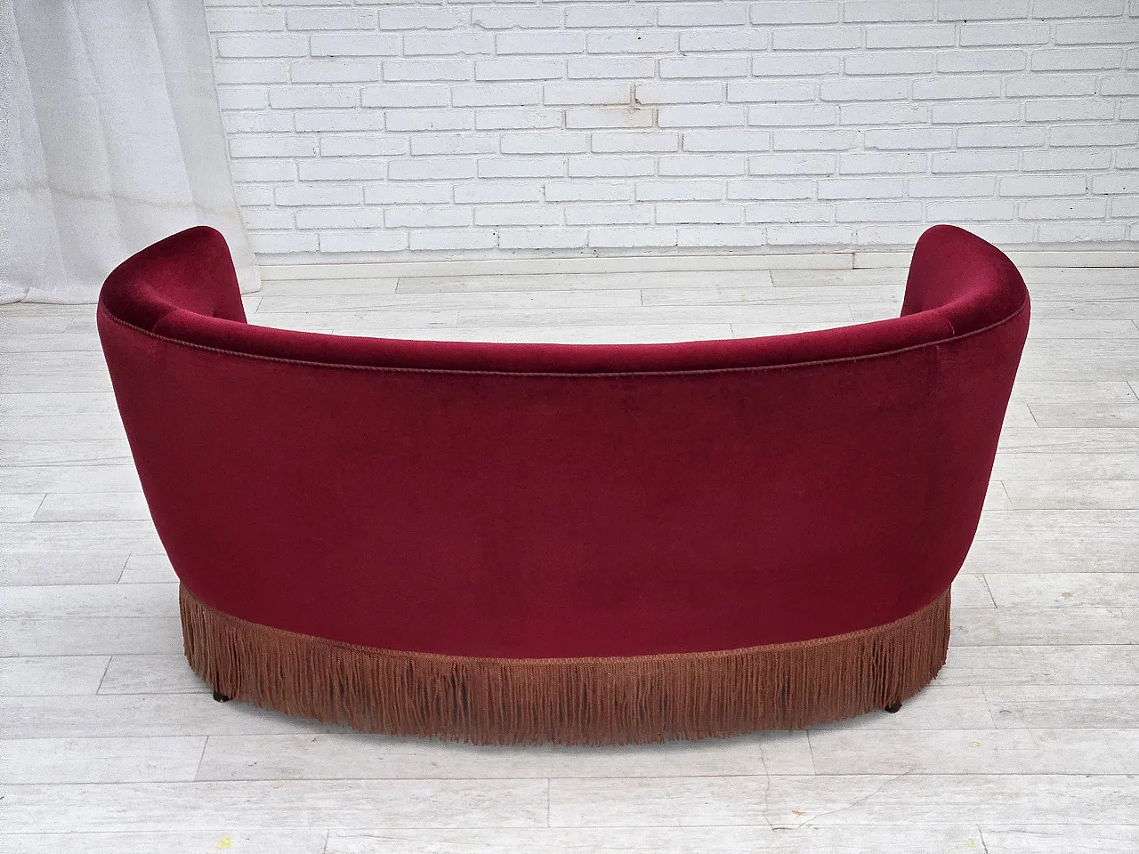 Danish 2-seater curved sofa, red velour, beech wood, 1970s 13